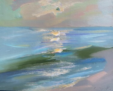 Painting titled "The sea." by Katsiaryna Sumarava, Original Artwork, Oil Mounted on Cardboard