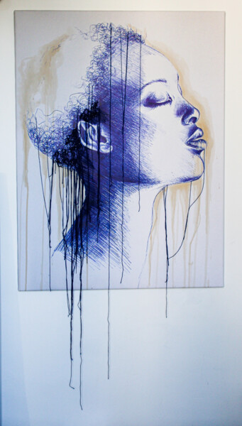 Disegno intitolato "Big bic blue" da Bérangère D., Opera d'arte originale, Biro Montato su Telaio per barella in legno