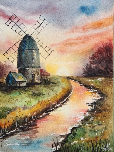 Painting titled "Mill" by Nataliya Gulina, Original Artwork, Watercolor