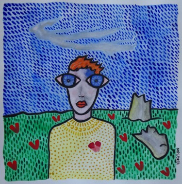 " Grands yeux au cœur coquelicot " Malarstwo zatytułowany „" Grands yeux au cœ…” autorstwa Laurent Mangepapier, Oryginalna praca, Akwarela