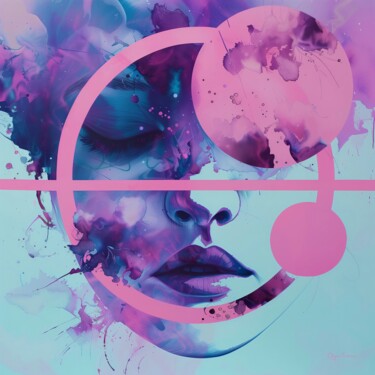 Contemporary abstract female portrait in pink, blue and purp 绘画 标题为“Contemporary abstra…” 由Olya Enina, 原创艺术品, 数字油画 安装在木质担架架上