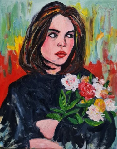 "Ragazza con fiori" başlıklı Tablo Gianni Marrone tarafından, Orijinal sanat, Petrol Ahşap Sedye çerçevesi üzerine monte edi…
