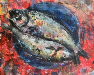 绘画 标题为“Two Fish” 由Nataliya Fenko, 原创艺术品, 丙烯 安装在木质担架架上
