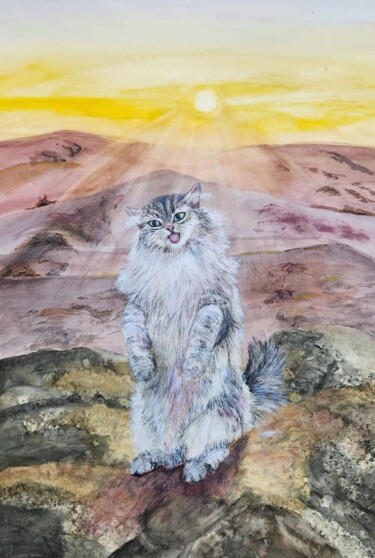Peinture intitulée "Cat and dawn, water…" par Vira Bohatyrova, Œuvre d'art originale, Aquarelle