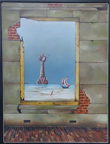 Painting titled "VUE SUR MER 2" by Jean-François Hamoury, Original Artwork, Oil Mounted on Wood Stretcher frame