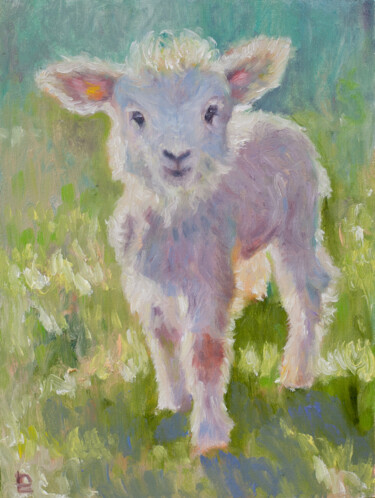 Painting titled "Sunny Little Lamb" by Liudmila Pisliakova, Original Artwork, Oil Mounted on Wood Panel
