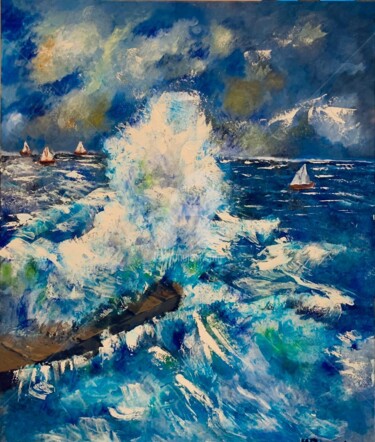 Peinture intitulée "La Mer en Colère" par Yves Perrotte, Œuvre d'art originale, Huile Monté sur Châssis en bois