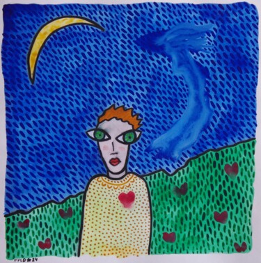 " Grands yeux au cœur cosmos " Peinture intitulée "" Grands yeux au cœ…" par Laurent Mangepapier, Œuvre d'art originale, Aquarelle