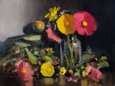 Peinture intitulée "Cosmos et Bouteille" par Pascal Giroud, Œuvre d'art originale, Huile