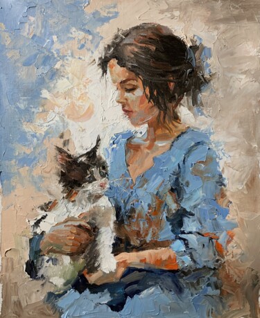 Schilderij getiteld "Girl in blue dress…" door Vita Schagen, Origineel Kunstwerk, Olie Gemonteerd op Frame voor houten branc…