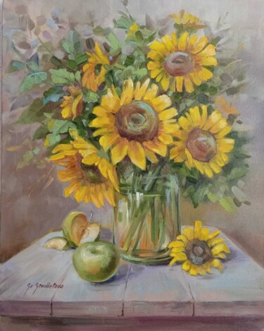 Sunflowers bouquet. Still life with apples Pittura intitolato "Sunflowers bouquet.…" da Svetlana Semiletova, Opera d'arte originale, Olio Montato su Telaio per barella…