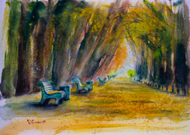 Autumn landscape with alley and benches. Watercolor painting Peinture intitulée "Autumn landscape wi…" par Viktoriia Gaman, Œuvre d'art originale, Aquarelle
