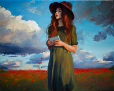 Jane in the field Peinture intitulée "Jane in the field" par Romain Eugène, Œuvre d'art originale, Huile Monté sur Châssis en bois