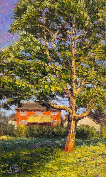 Painting titled "The Pine Tree in ou…" by Julia Strittmatter, Original Artwork, Oil Mounted on Wood Stretcher frame