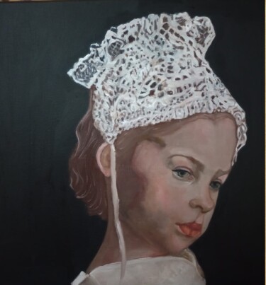 Painting titled "Face of a girl" by Valentina Baicuianu, Original Artwork, Oil Mounted on Wood Stretcher frame