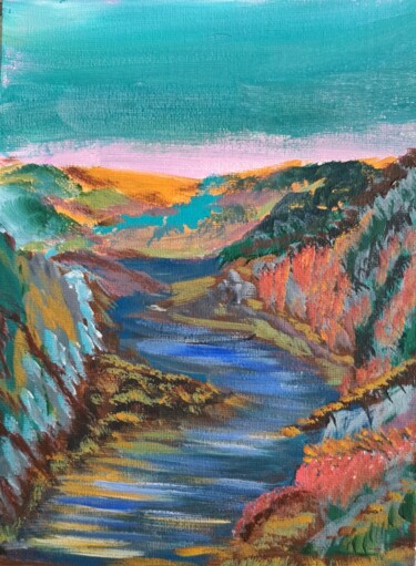 Painting titled "Autumn  river" by Yuliya Gündoğan (ostbiju_art), Original Artwork, Acrylic Mounted on Cardboard