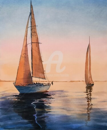 Pintura titulada "Veleros y sus refle…" por Benilde, Obra de arte original, Acuarela