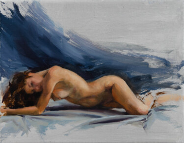 Figure in Flowing Blue Painting titled "Figure in Flowing B…" by Romain Eugène, Original Artwork, Oil Mounted on Wood Stretcher frame