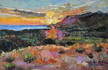 Pittura intitolato "Tramonto sulla torr…" da Gianni Mattu, Opera d'arte originale, Olio Montato su Cartone