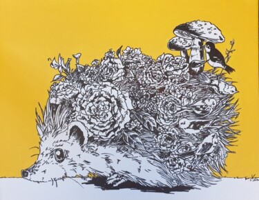 Peinture intitulée "Le hérisson" par Sophie Duru, Œuvre d'art originale, Marqueur Monté sur Châssis en bois