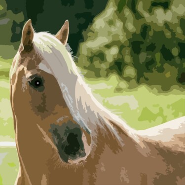 A horse stands against a blurred, green background "A horse stands agai…" başlıklı Dijital Sanat Shamim Shaikh tarafından, Orijinal sanat, 2D Dijital Çalışma