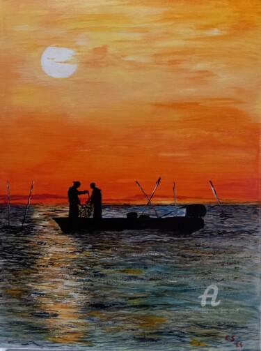 Malerei mit dem Titel "Etang de Pérols" von Eric Smid, Original-Kunstwerk, Acryl Auf Keilrahmen aus Holz montiert