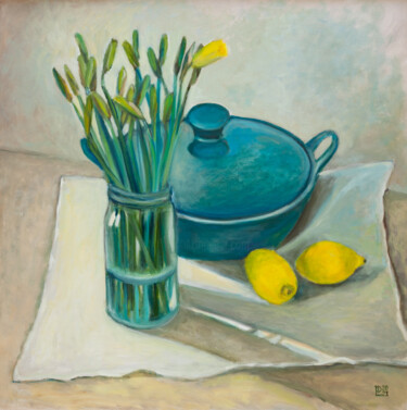 Teal Still Life with Lemons Painting titled "Teal Still Life wit…" by Liudmila Pisliakova, Original Artwork, Oil Mounted on Wood Stretcher frame