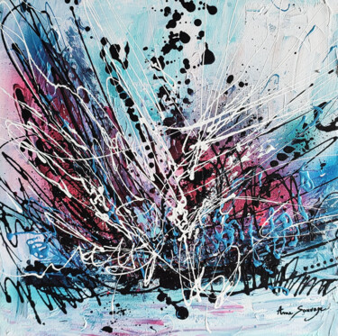 Boum !!!!! Tableau abstrait design blanc noir bleu rose Peinture intitulée "Boum !!!!! Tableau…" par Âme Sauvage, Œuvre d'art originale, Acrylique Monté sur Châssis en bois