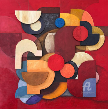 绘画 标题为“Red Composition in…” 由Louise Isackson, 原创艺术品, 油 安装在其他刚性面板上