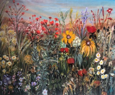 Golden Eventide Meadow Painting titled "Golden Eventide Mea…" by Martine Weber, Original Artwork, Acrylic Mounted on Wood Stretcher frame