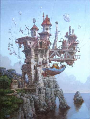 Painting titled "House by the sea" by Gorg Artist, Original Artwork, Oil Mounted on Wood Stretcher frame