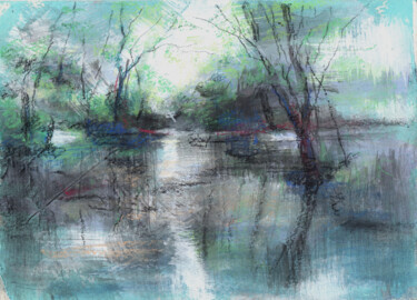 Painting titled "l'etang" by Osam Fukuda, Original Artwork, Pastel