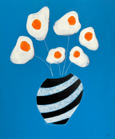 Fried Eggs Flower Art Acrylic Painting on Blue Background Painting titled "Fried Eggs Flower A…" by Sasha Robinson, Original Artwork, Acrylic