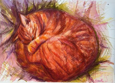 Schilderij getiteld "the red cat is slee…" door Natala Azarna, Origineel Kunstwerk, Aquarel