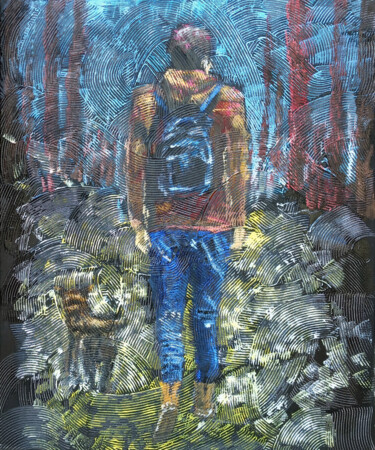 Painting titled "start of the trip" by Alain Elshocht, Original Artwork, Oil Mounted on Wood Stretcher frame