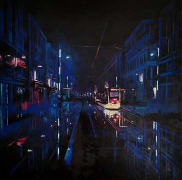 Painting titled "Rue de Siam - Brest" by Nathalie Chapelain, Original Artwork, Oil Mounted on Wood Stretcher frame
