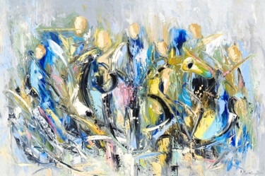 Jazz Band in Motion 绘画 标题为“Jazz Band in Motion” 由Marietta Martirosyan, 原创艺术品, 油 安装在木质担架架上