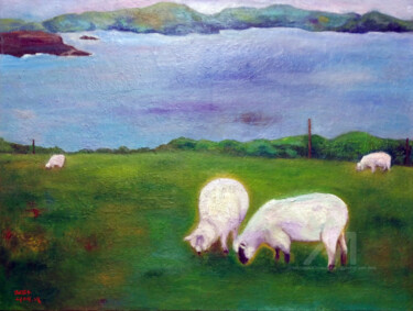 Serenity by the Water: Grazing Sheep in a Tranquil Landscape 绘画 标题为“Serenity by the Wat…” 由Yeon-Gyeong Seo (Seo), 原创艺术品, 油