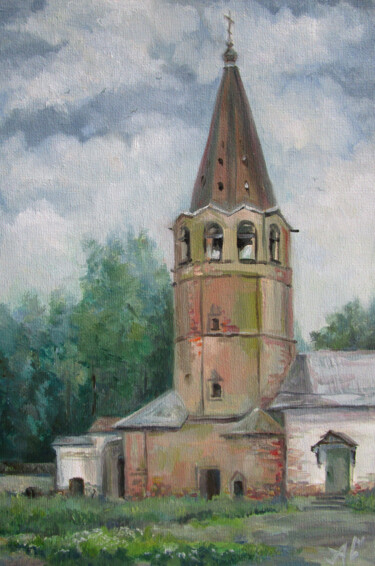 Painting titled "Колокольня в Велиом…" by Aleksandra Serova, Original Artwork, Oil Mounted on Cardboard