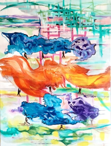 Le pont vu du verger Painting titled "Le pont vu du verger" by Nicole Bachelard, Original Artwork, Acrylic Mounted on Wood Stretcher frame