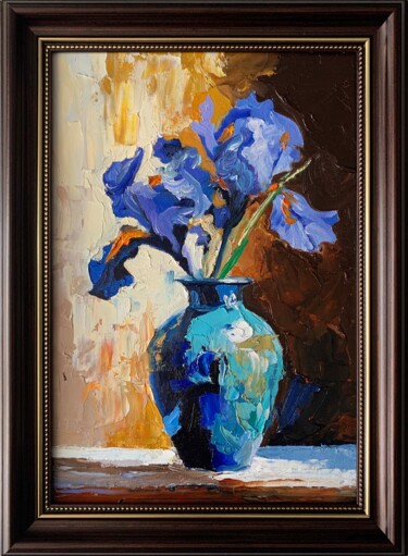 Blue irises in a vase. Framed. 「Blue irises in a va…」というタイトルの絵画 Vita Schagenによって, オリジナルのアートワーク, オイル 段ボールにマウント