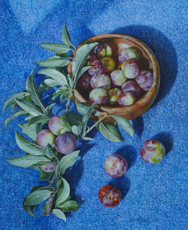 Painting titled "Plums from Dad's Ga…" by Lukian, Original Artwork, Oil