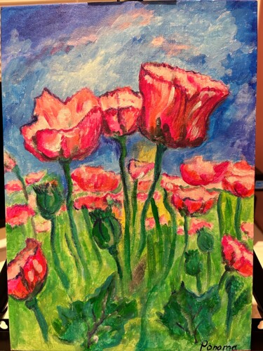 Peinture intitulée "Poppies in a field…" par Ninel Ponoma, Œuvre d'art originale, Acrylique Monté sur Carton
