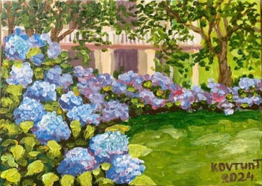Peinture intitulée "A house in hydrange…" par Tetiana Kovtun, Œuvre d'art originale, Acrylique Monté sur Carton