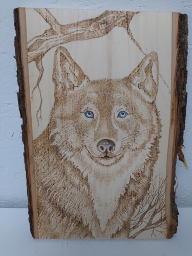 Incisioni, stampe intitolato "Loup blanc" da Judith Michaud, Opera d'arte originale, incisione Montato su Pannello di legno