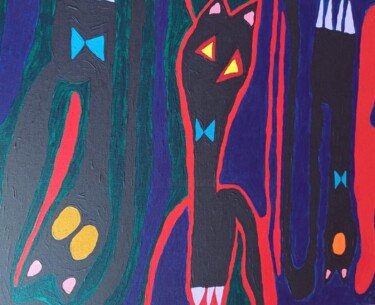 绘画 标题为“3 black cats” 由Arina Mari, 原创艺术品, 丙烯 安装在纸板上