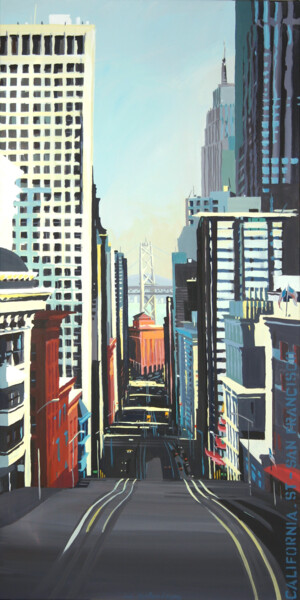 N°23 : San Francisco – Bay Bridge depuis California Avenue Schilderij getiteld "N°23 : San Francisc…" door Michelle Auboiron, Origineel Kunstwerk, Acryl Gemonteerd op Frame voor houte…