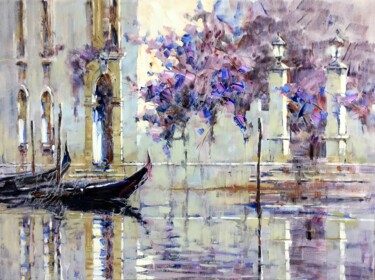 Painting titled "Spring Venice." by Lara Vald, Original Artwork, Oil Mounted on Wood Stretcher frame
