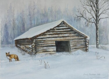 Painting titled "Old barn" by Mervi Korhonen, Original Artwork, Watercolor Mounted on Cardboard