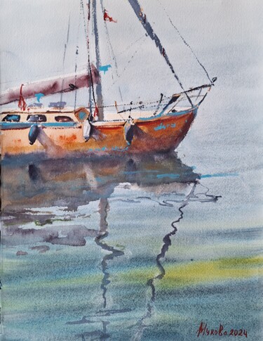 Painting titled "Яхта" by Marina Zhukova, Original Artwork, Watercolor